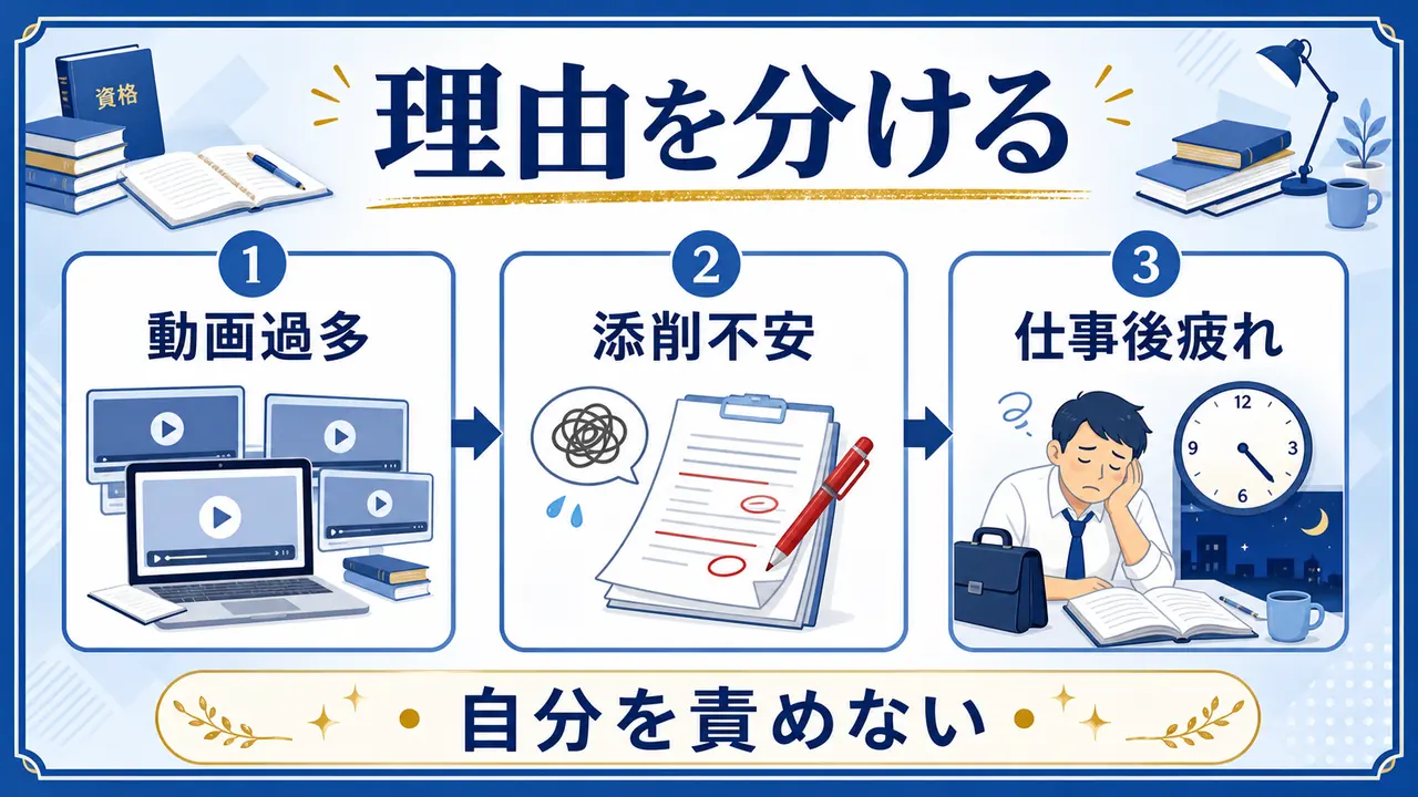 動画、添削、復習、仕事疲れが重なる理由を示す図