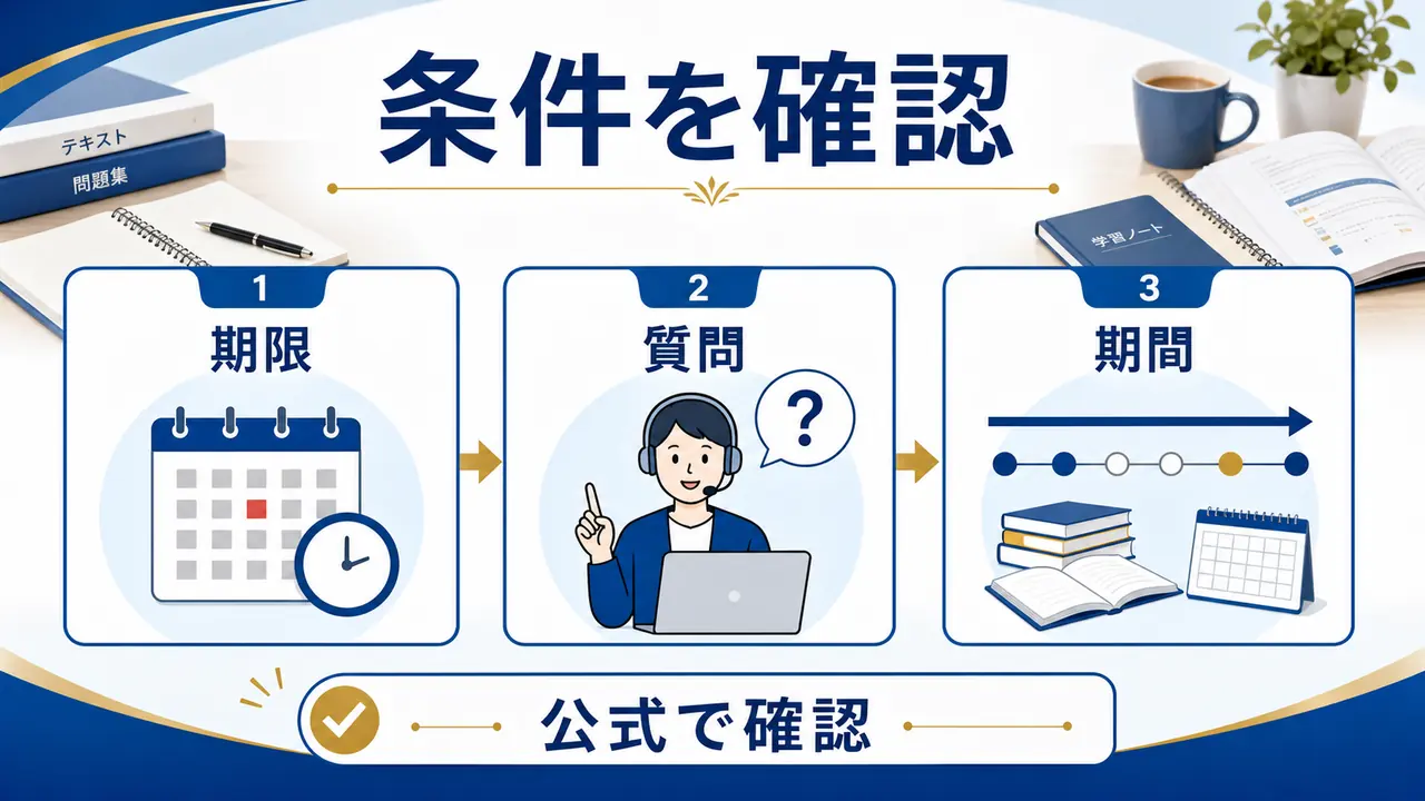 期限、提出必須、質問、受講期間を確認する図