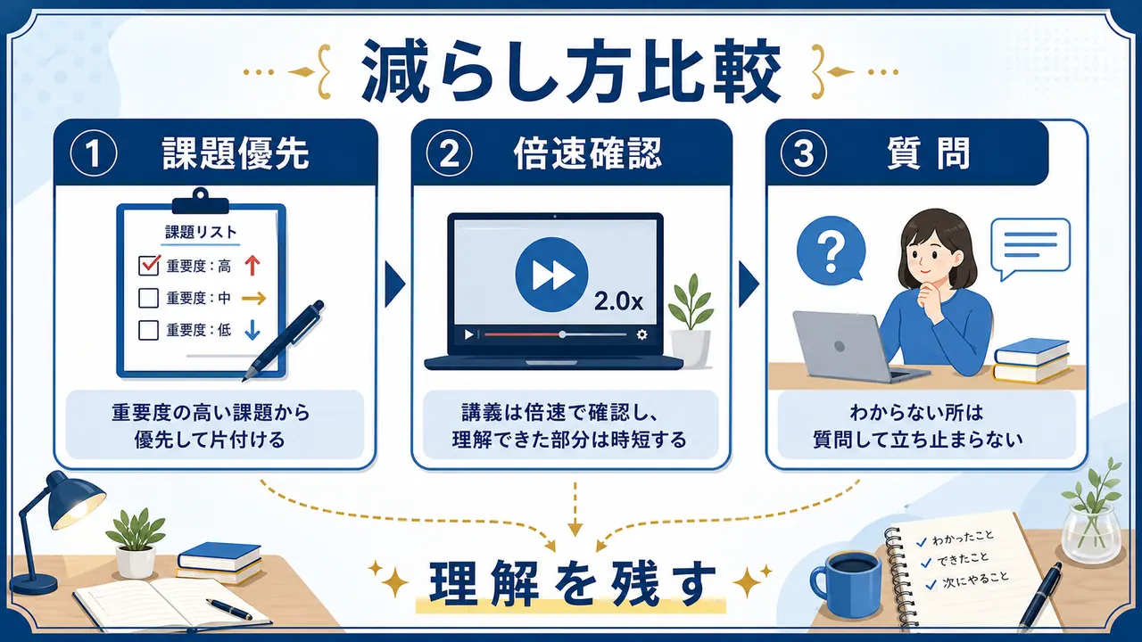 動画倍速、課題優先、復習後回し、質問活用を比べる図