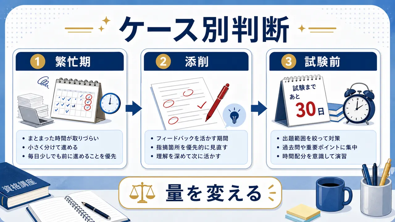 仕事繁忙、添削不安、動画遅れ、試験前のケース図