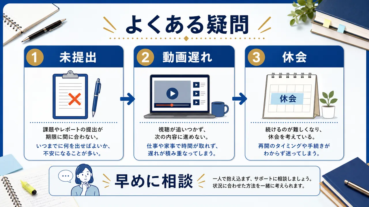 社会人の資格講座課題に関するよくある質問を整理する図