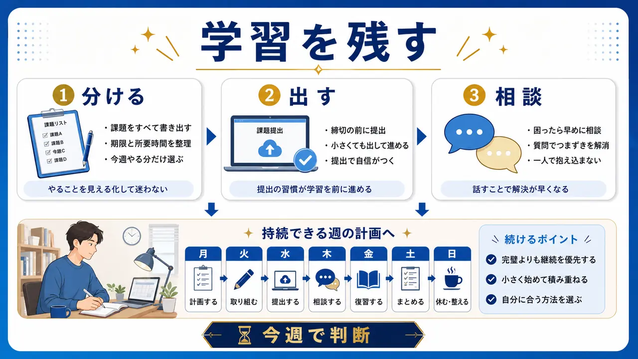 講座課題を減らしながら学習を継続するまとめ図