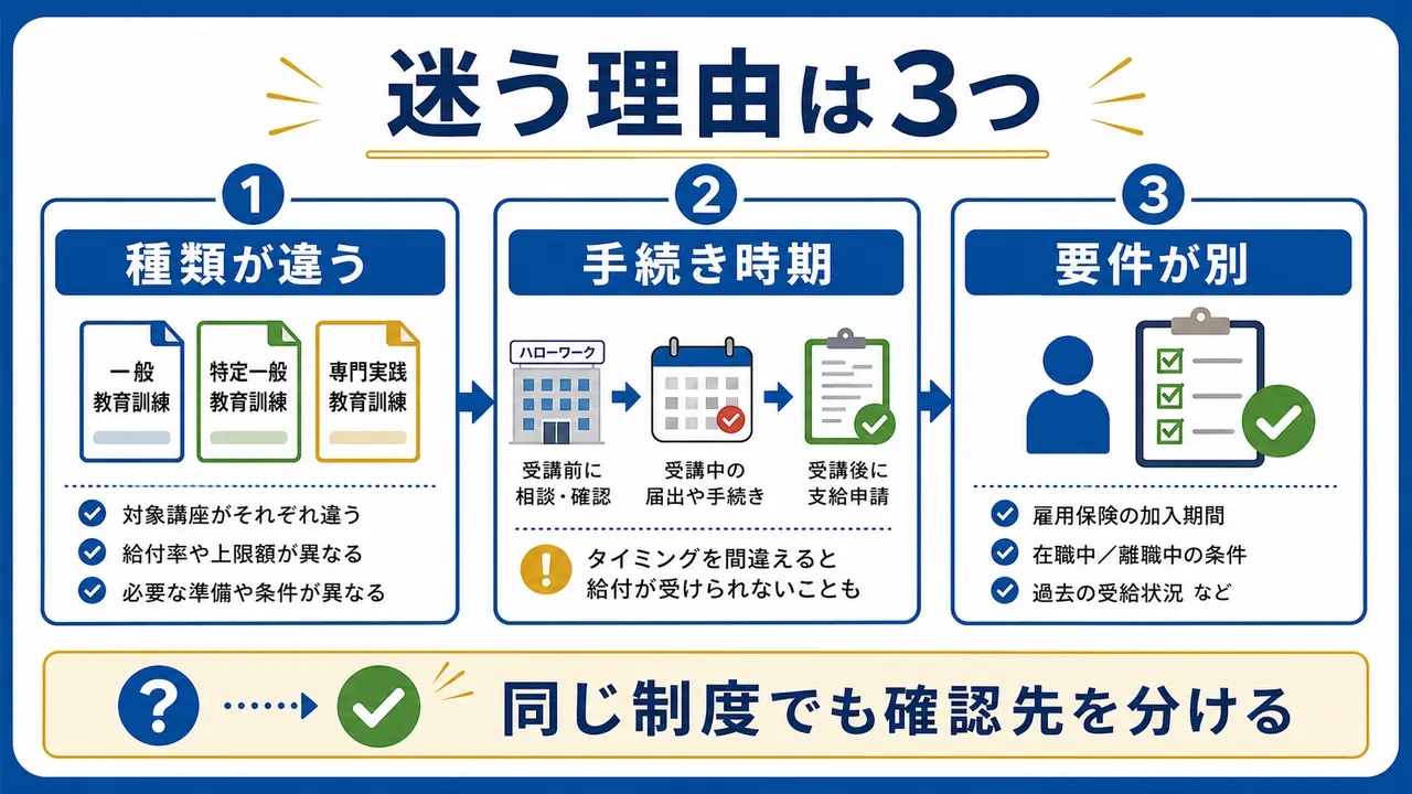 教育訓練給付制度が分かりにくい理由を種類、手続き時期、本人要件に分けた図