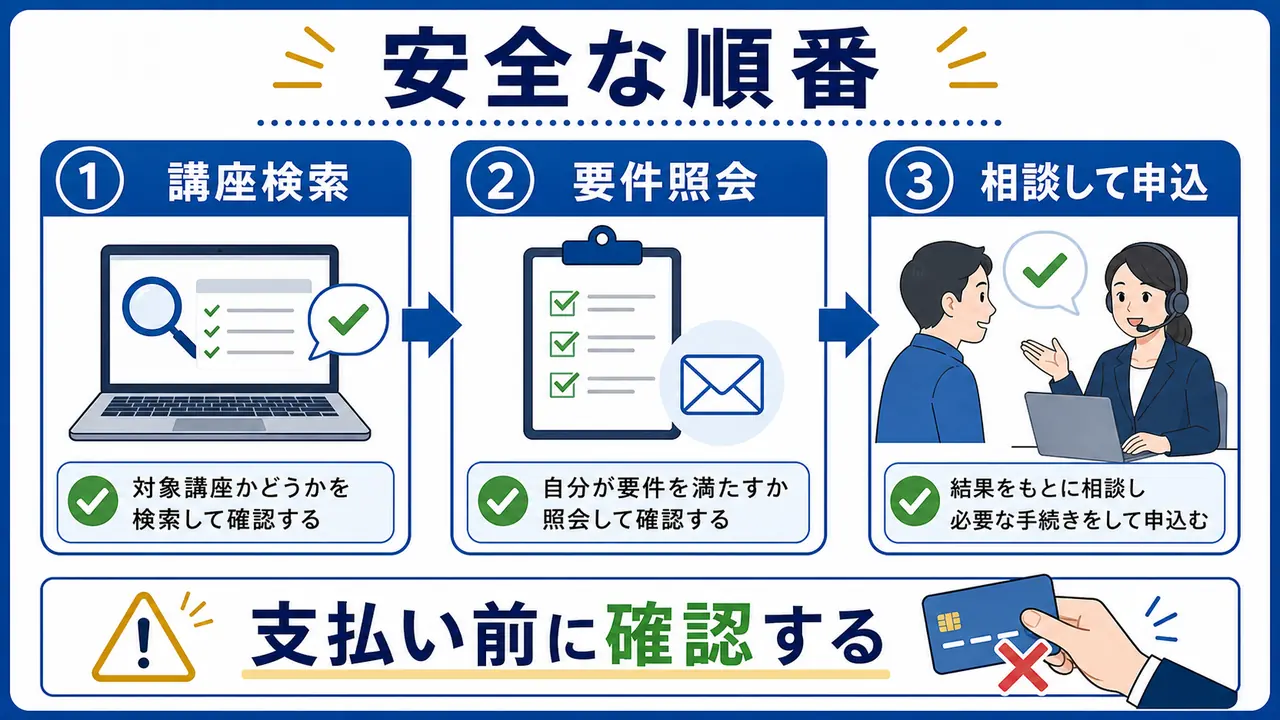 教育訓練給付制度を使う前に講座検索、要件照会、相談、申し込みの順で進める図