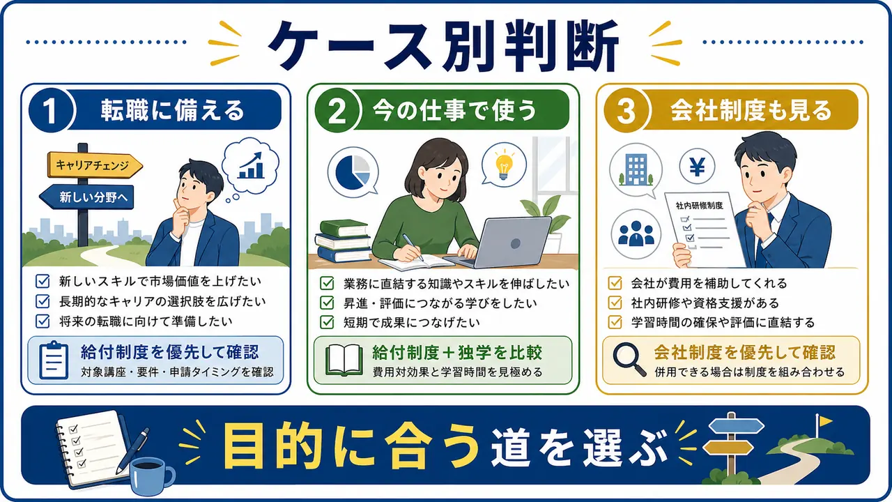 転職に備える人、今の仕事で使う人、会社制度を確認する人の判断を分けた図