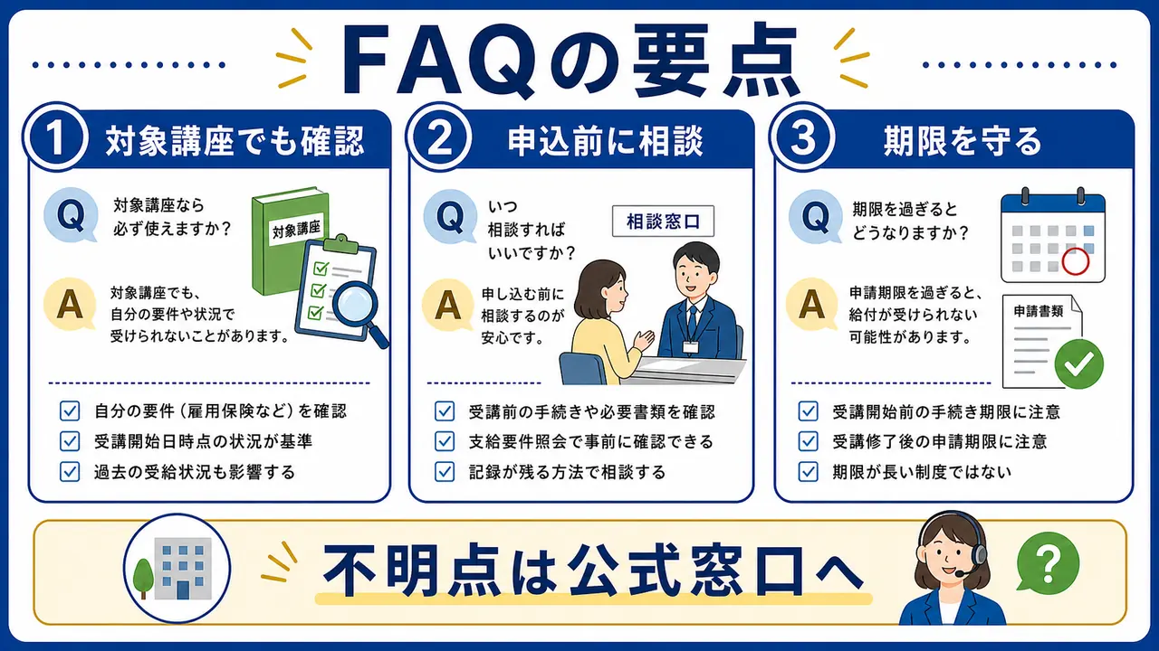 教育訓練給付制度のよくある質問を対象講座、申込前相談、期限に分けた図