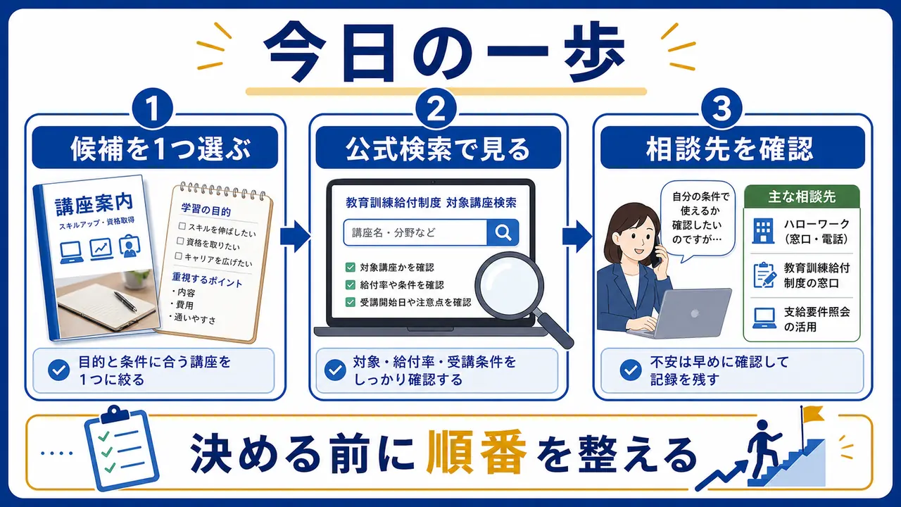 教育訓練給付制度を使う前に候補講座を選び、公式検索と相談先を確認する図