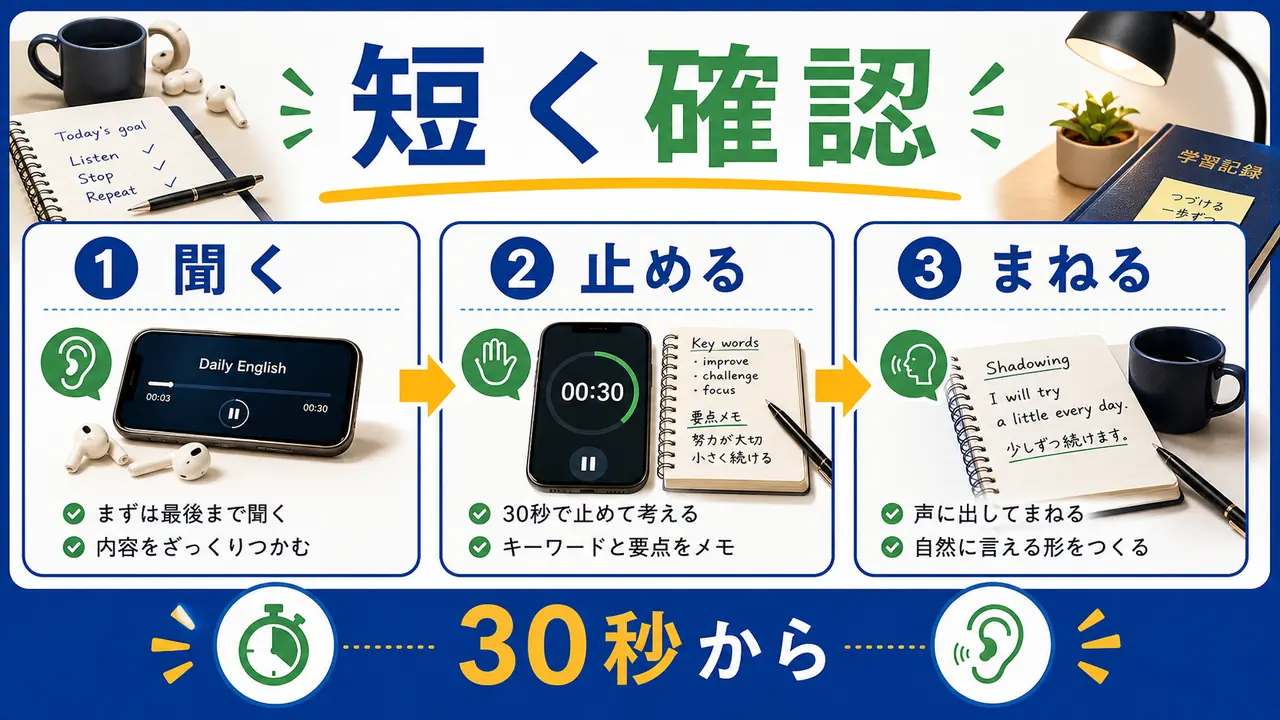 聞く、止める、まねる、言う流れを示す図