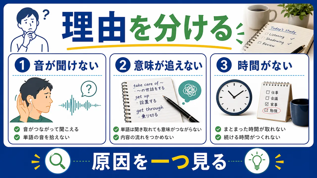 音、単語、意味、時間のつまずきを分ける図
