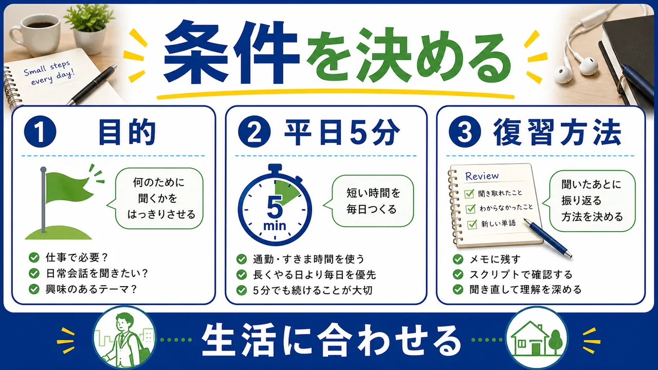 目的、時間、音声の難度、復習方法を確認する図