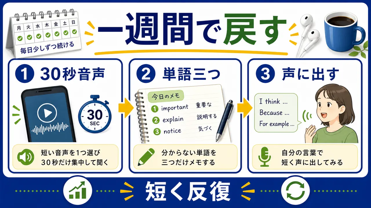 英語リスニングを一週間で整えるステップ図