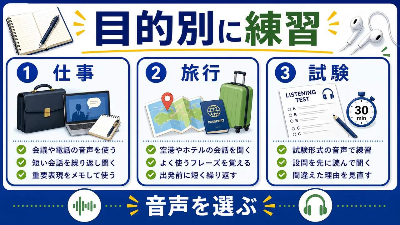仕事利用、旅行、試験、会話のケースを整理する図