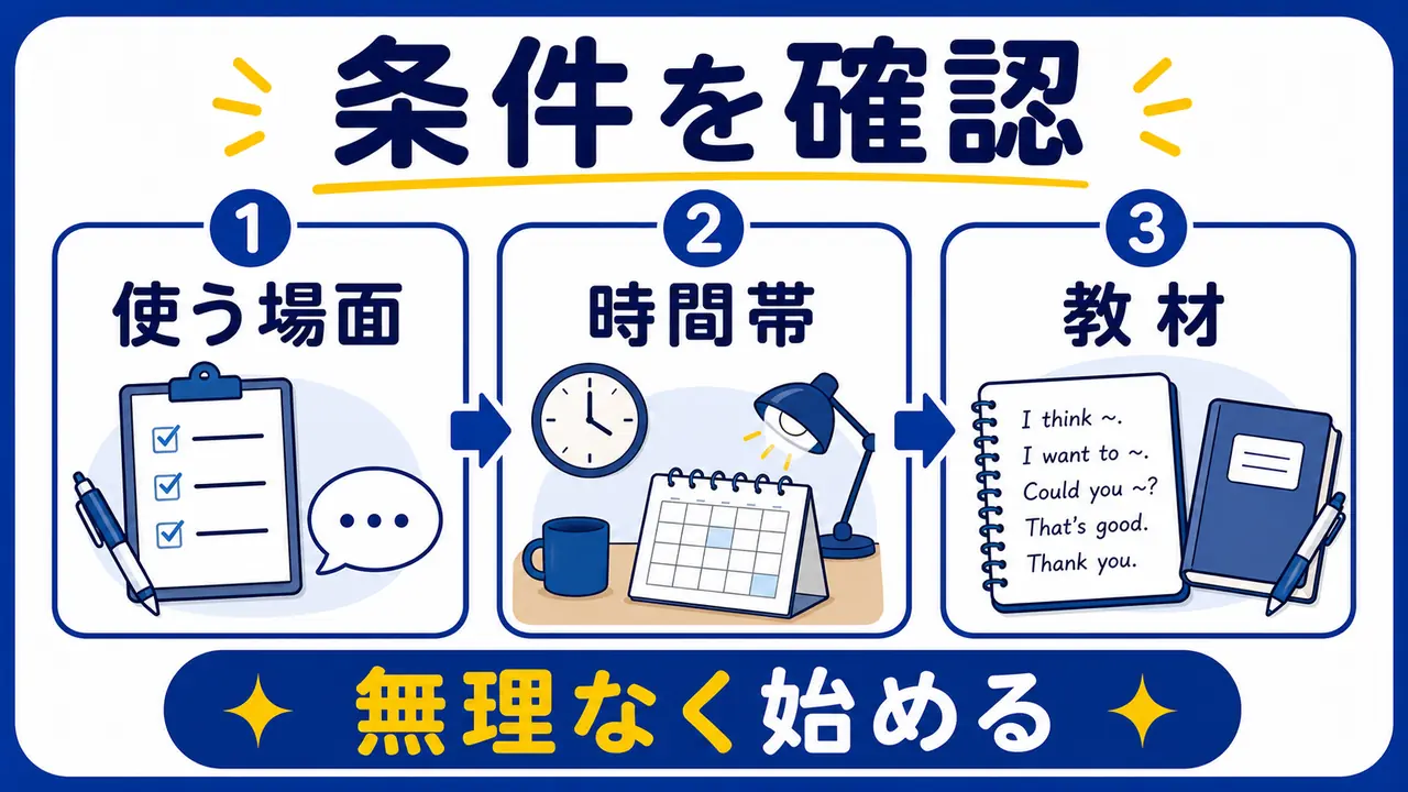 時間、目的、場面、教材を確認する図