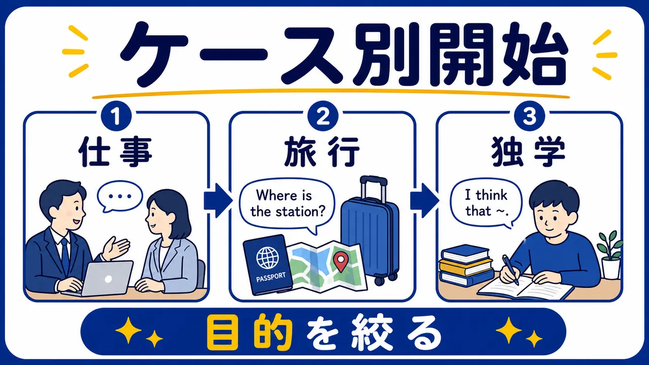 仕事、旅行、英会話、独学のケースを整理する図