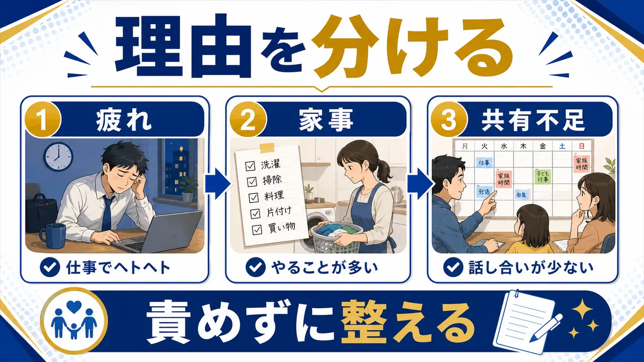 仕事疲れ、家事、予定共有不足、学習量過多を分ける図
