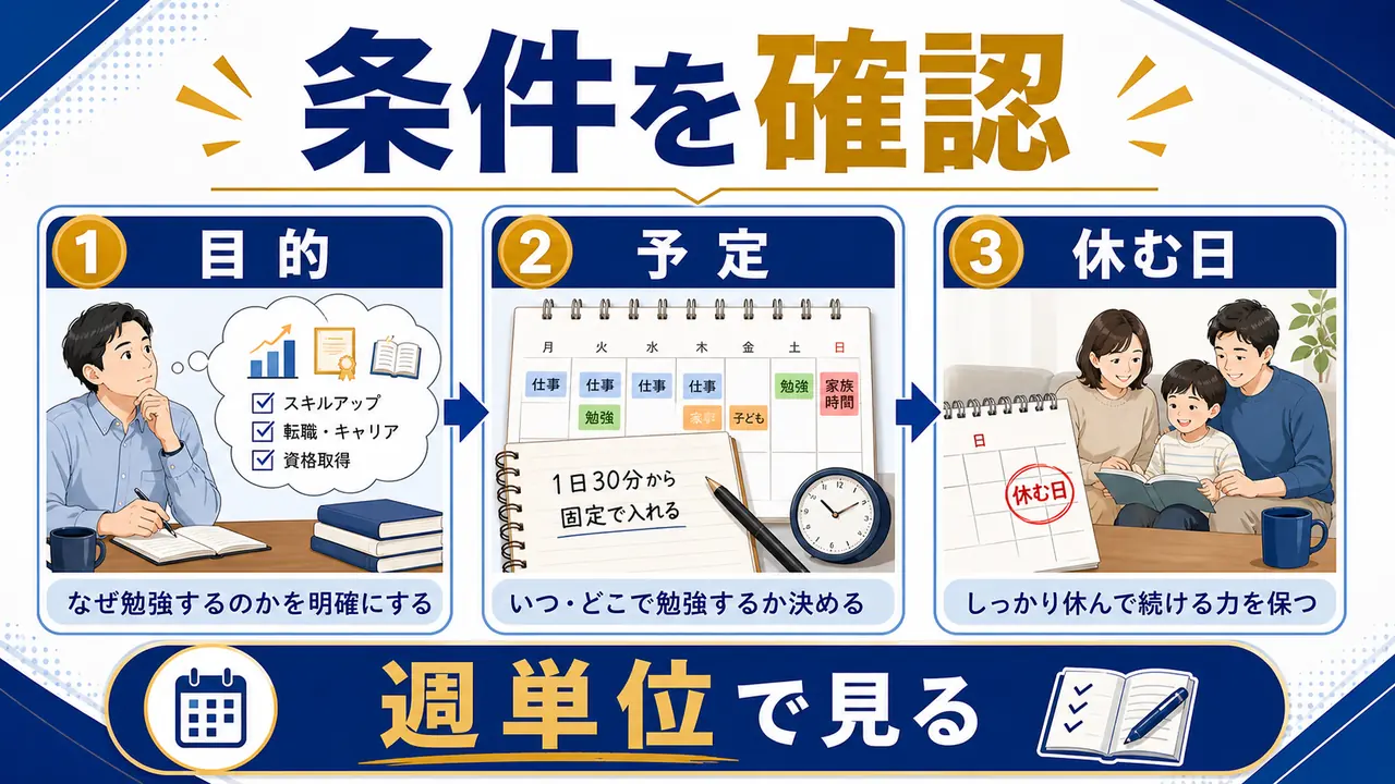 家族予定、学習目的、週の学習量、休む日を確認する図