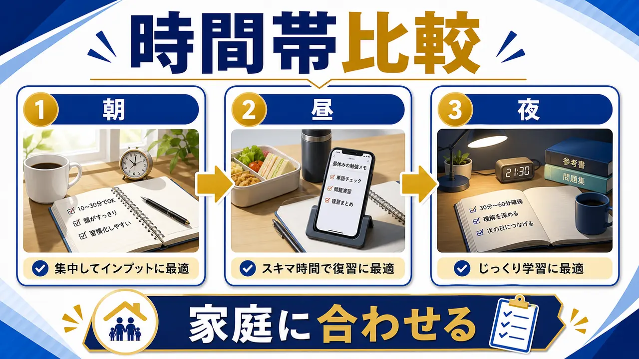 朝、昼休み、夜、休日の学習時間を比較する図