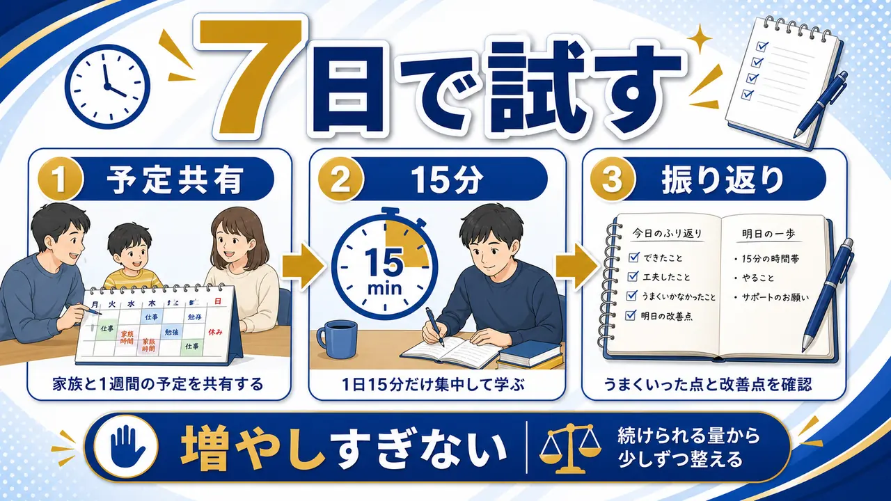 家族時間と勉強時間を7日間で試す手順図