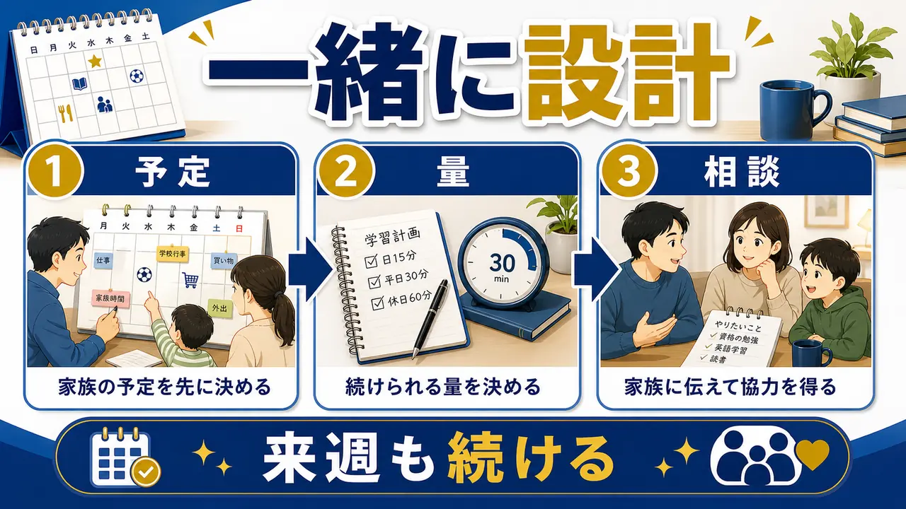 家庭の予定と学習時間を一緒に設計するまとめ図