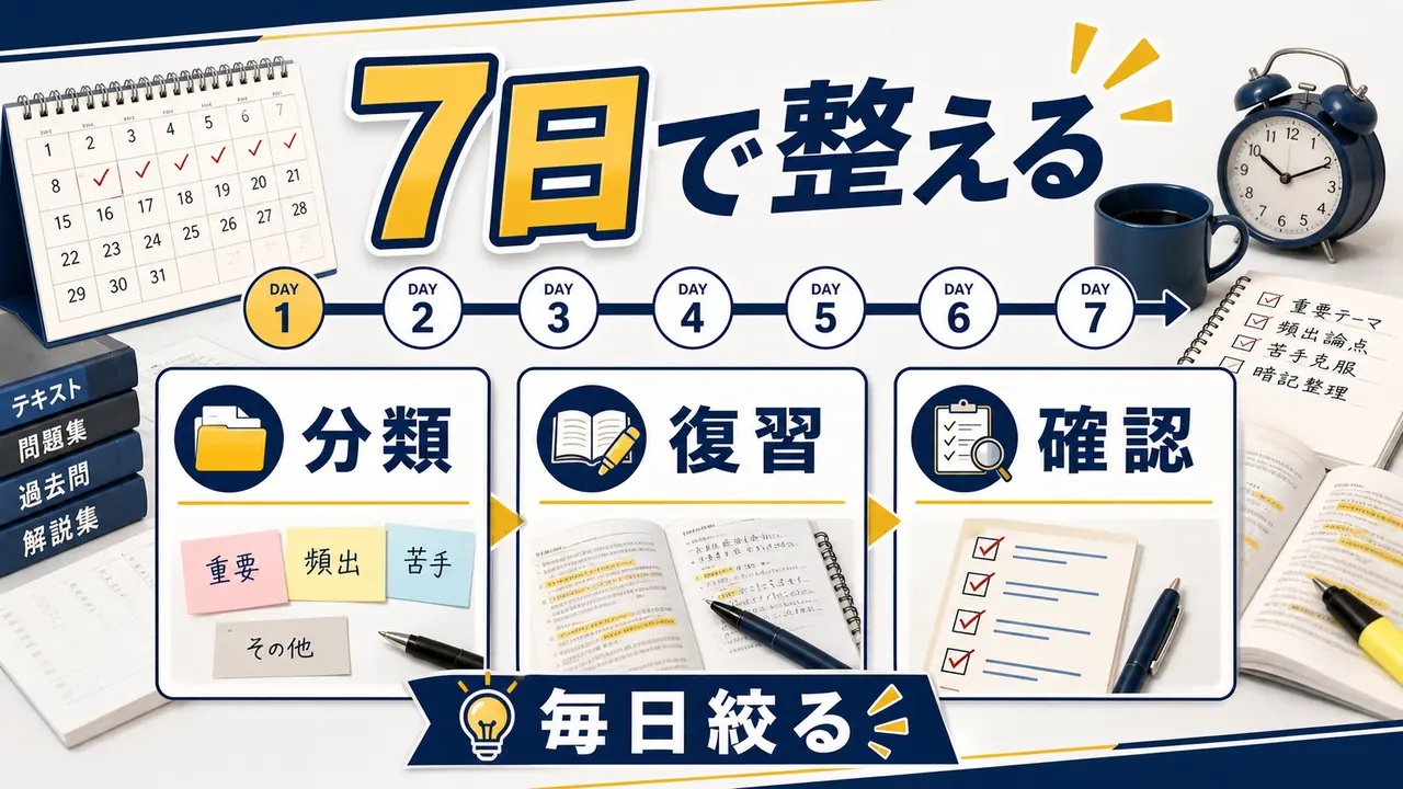 資格試験直前7日間の学習優先順位を示す図