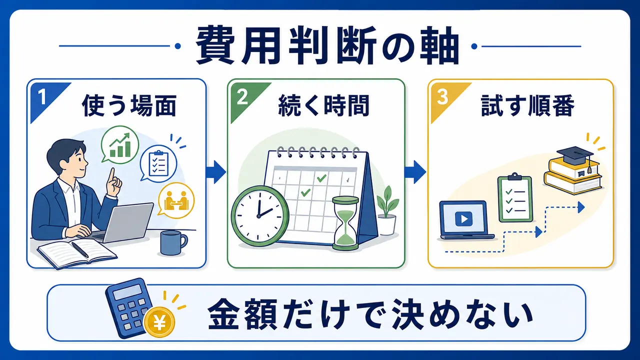 社会人の学習費用を使う場面、続く時間、試す順番で考える図