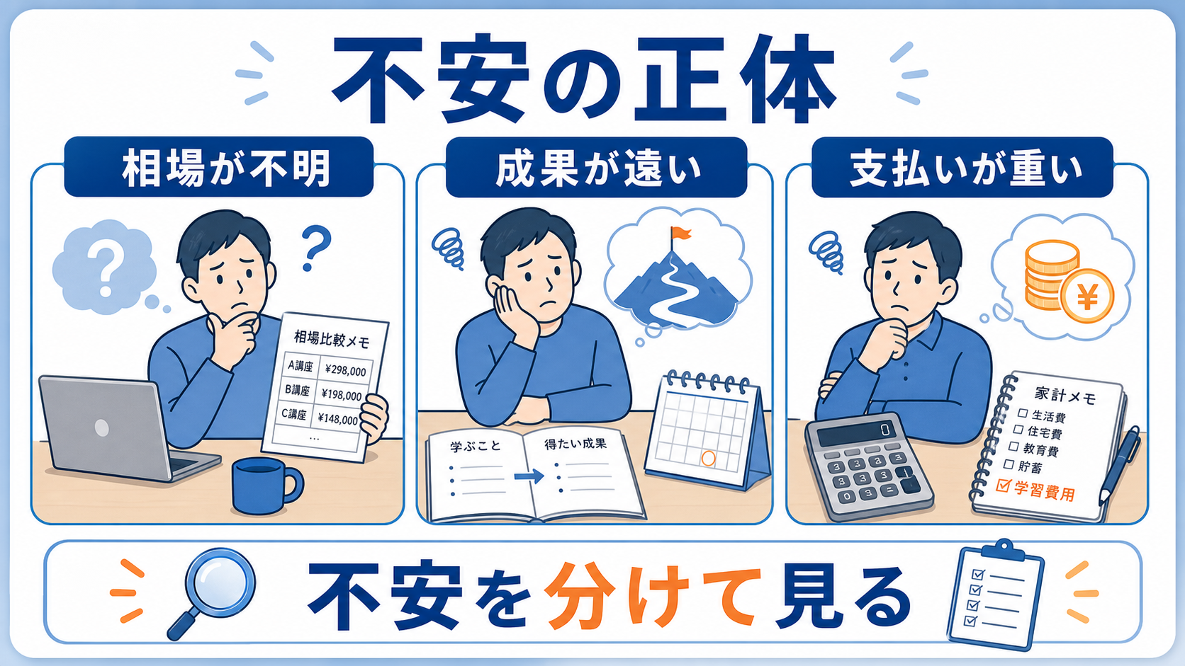 社会人が学習費用で不安になる理由を相場、成果、支払いに分けた図