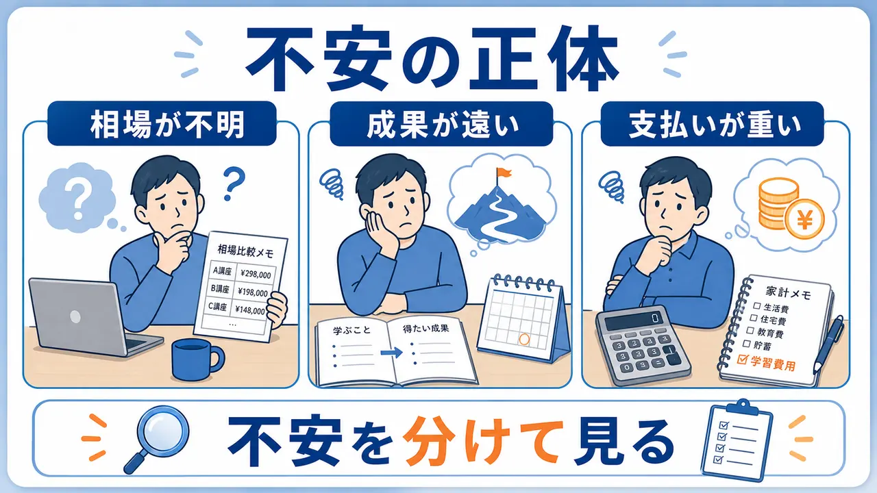 社会人が学習費用で不安になる理由を相場、成果、支払いに分けた図
