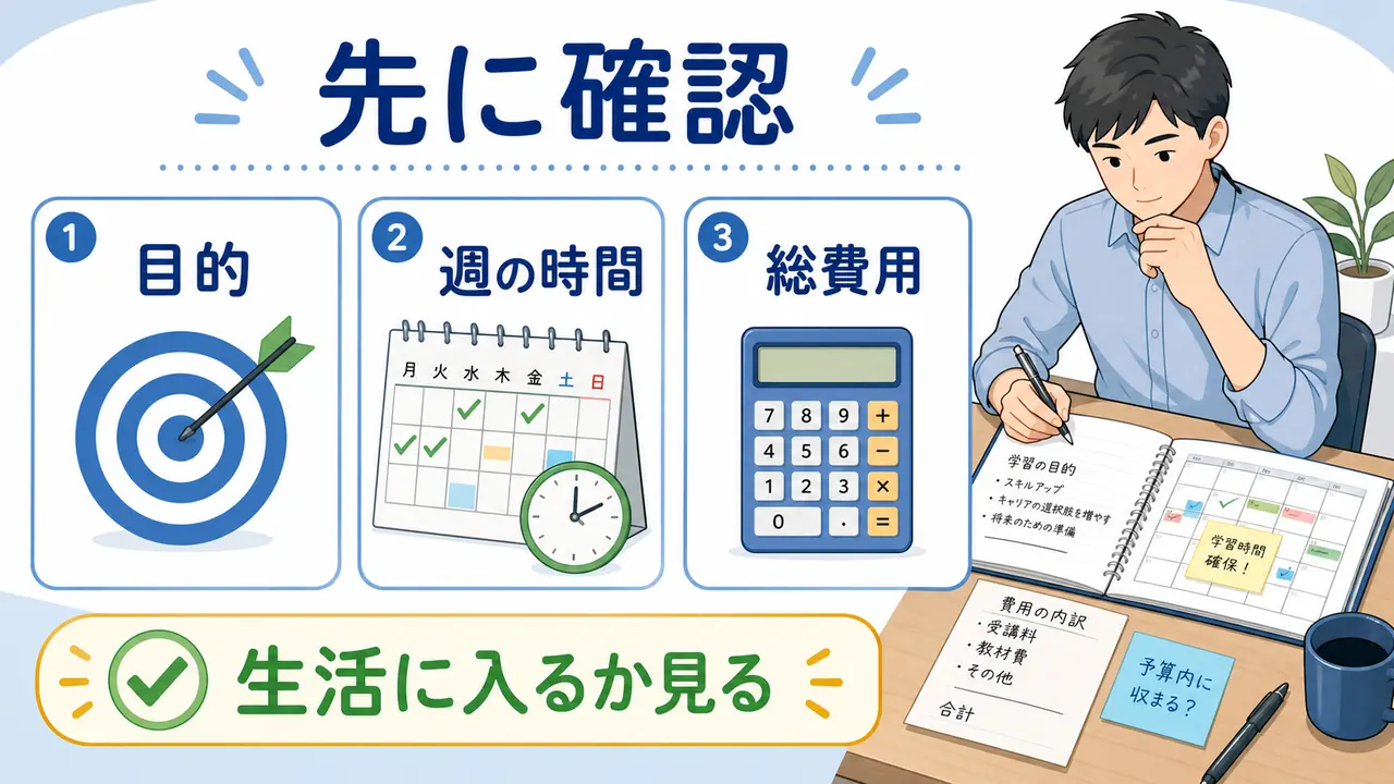 社会人が学習費用を払う前に目的、週の時間、総費用を確認する図