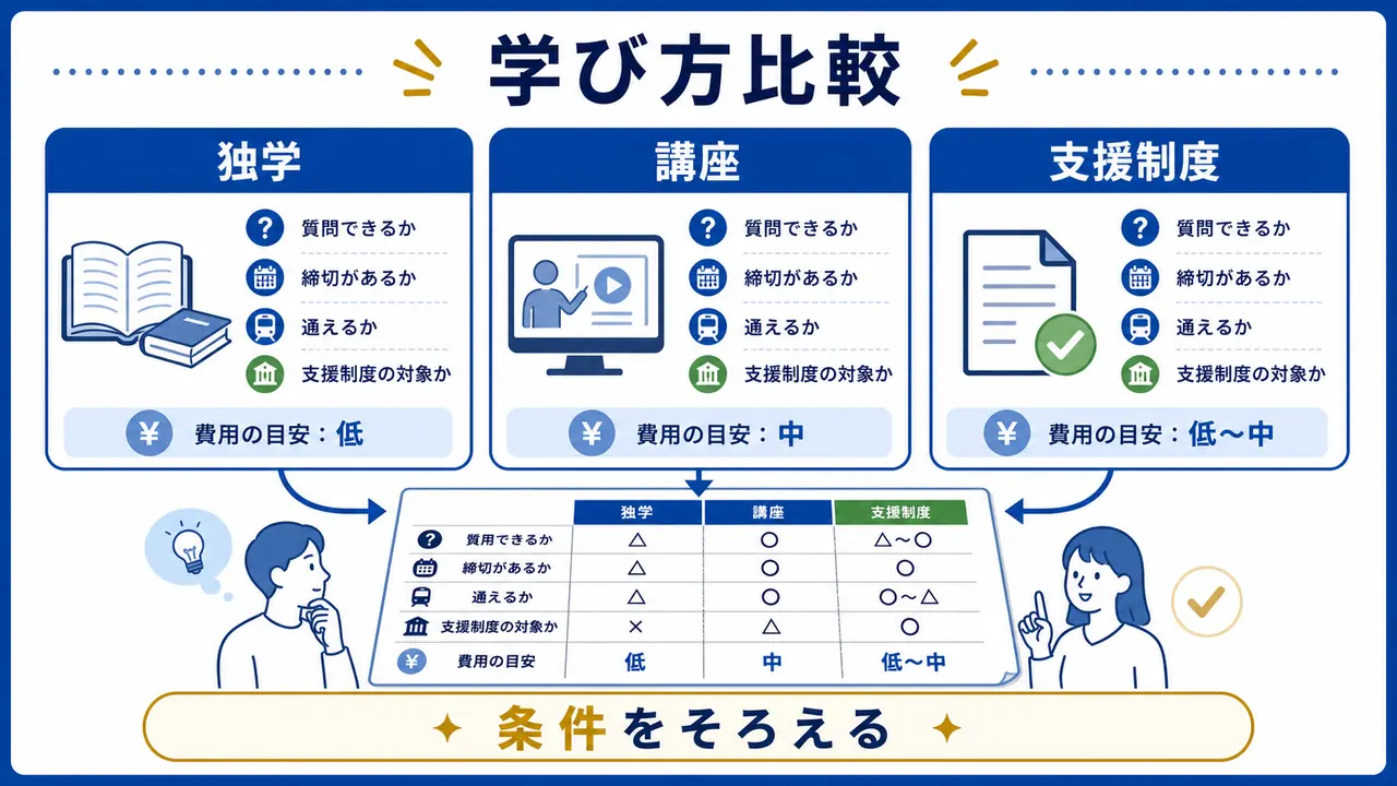 独学、講座、支援制度を条件をそろえて比べる図