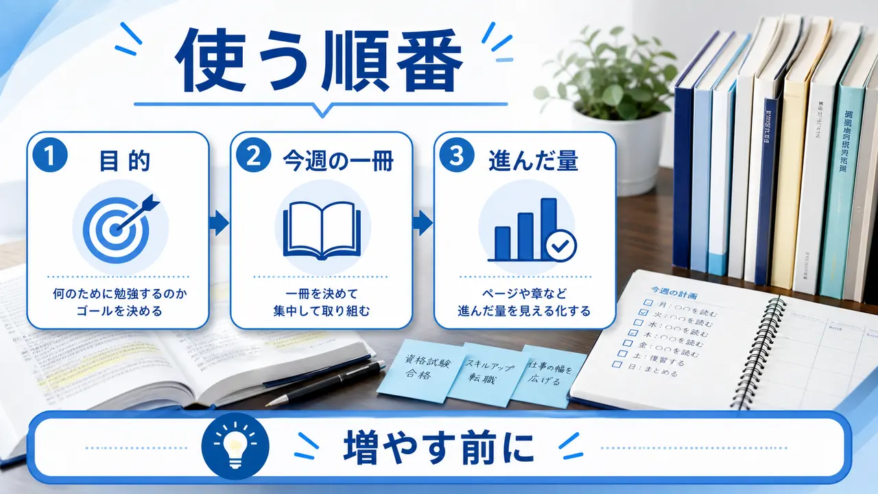 教材を目的、優先度、今週の一冊に分ける図