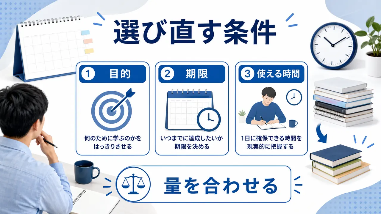 目的、期限、学習時間、教材量を確認する図