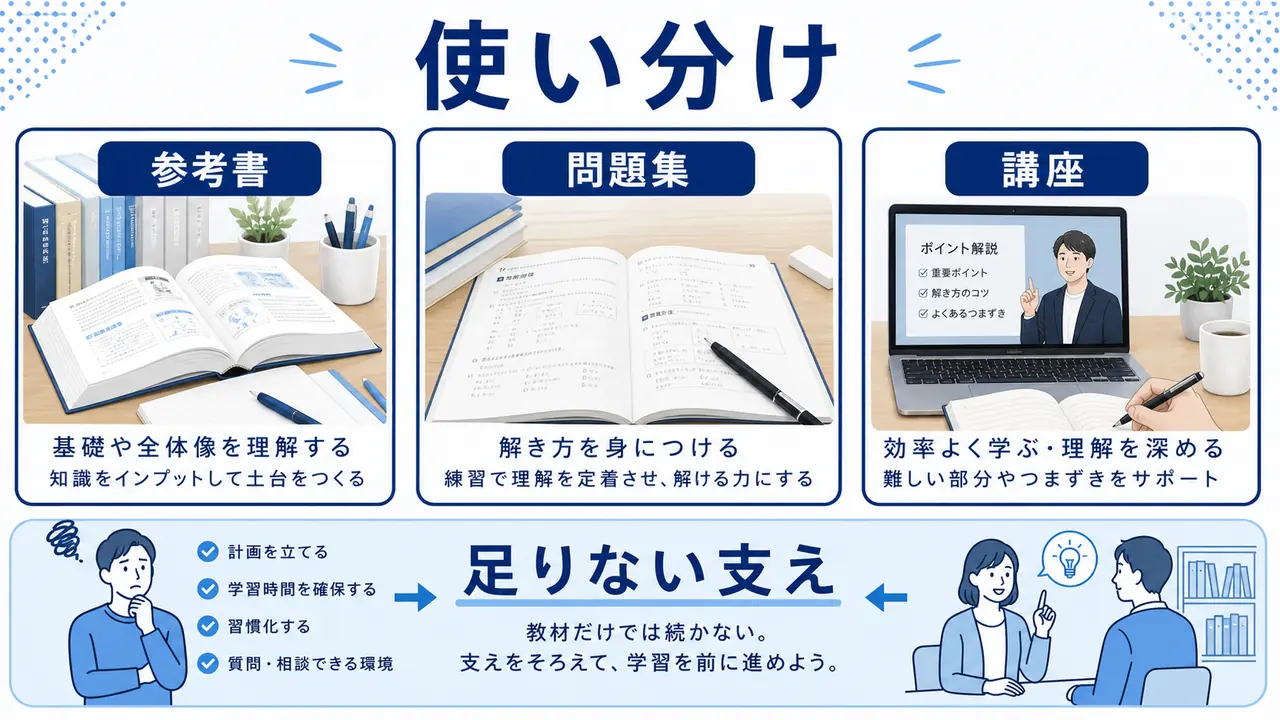 参考書、問題集、動画、通信講座を比べる図