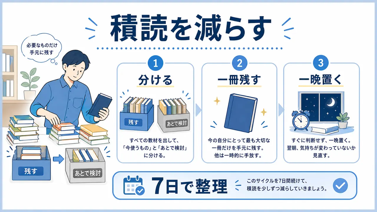 教材を減らして勉強を進めるステップ図