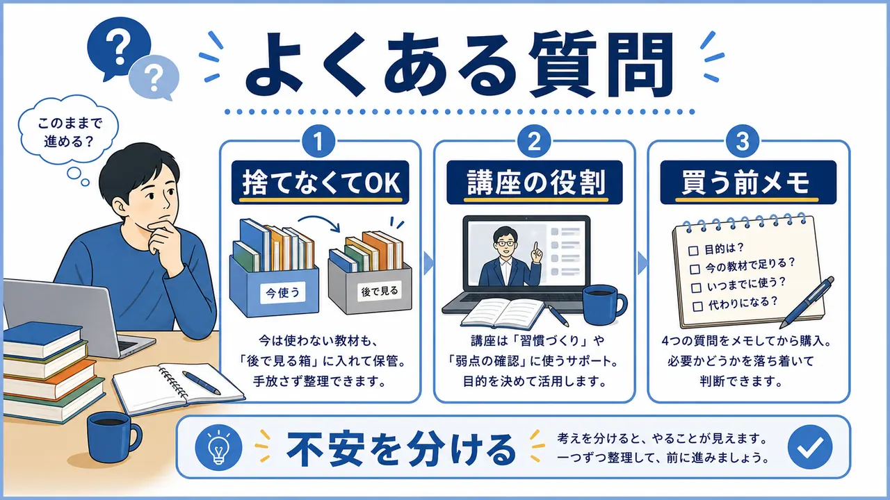 教材の買いすぎでよくある質問を整理する図