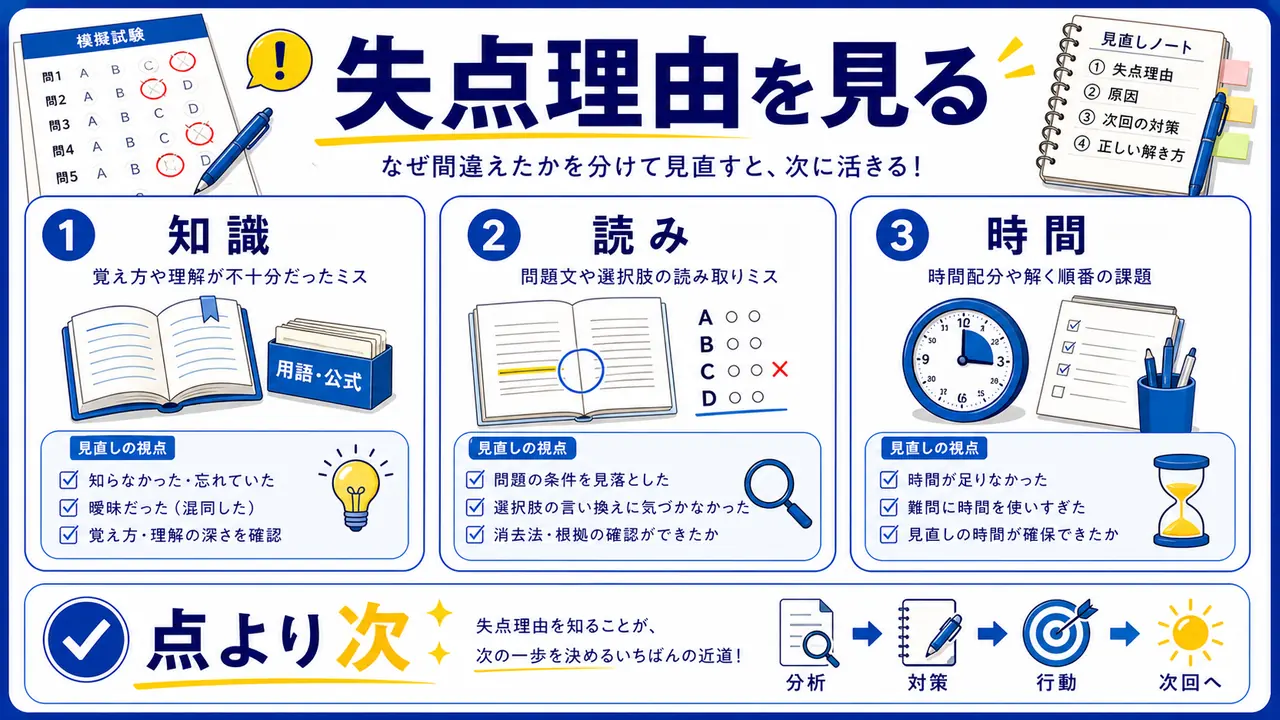 模試の失点を知識、読み、時間へ分ける図