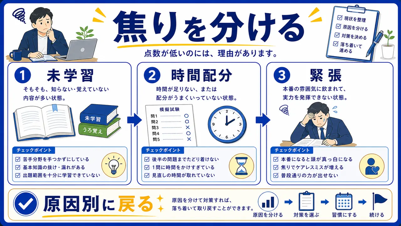 知識不足、時間配分、緊張、復習不足を分ける図