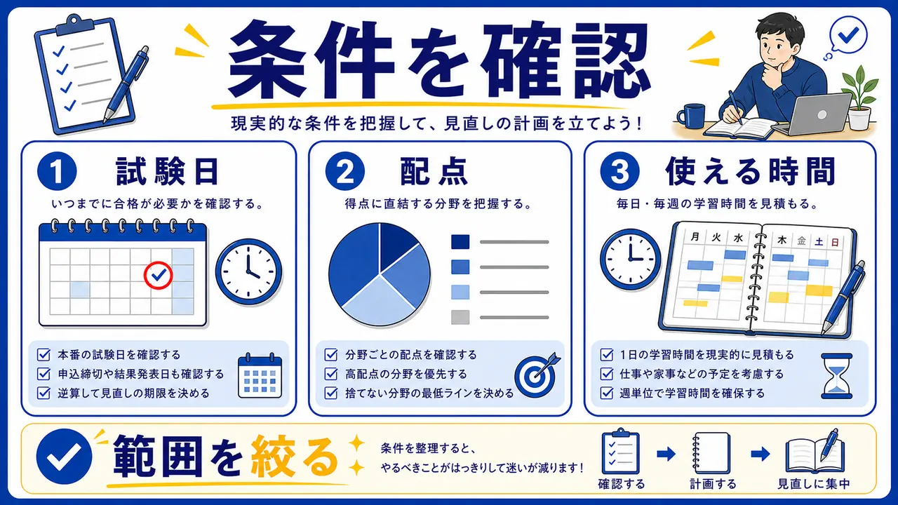 試験日、配点、弱点、使える時間を確認する図