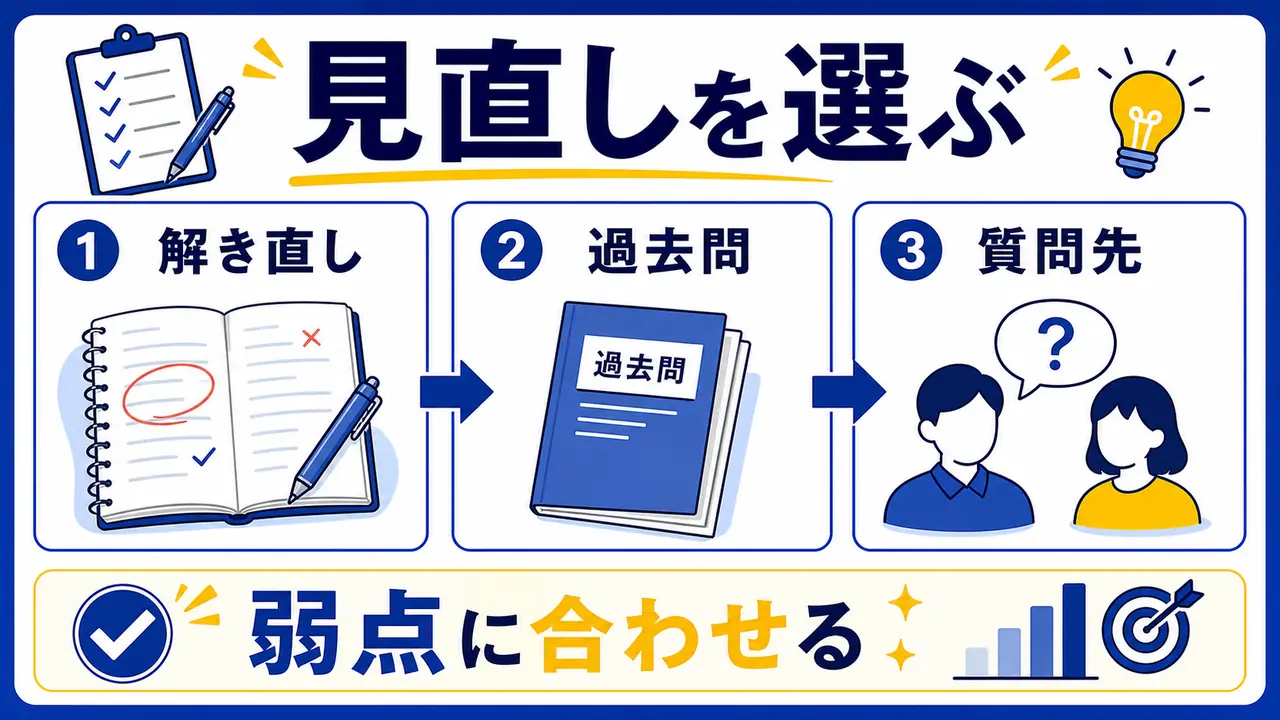 解き直し、過去問、基礎戻り、講座活用を比べる図