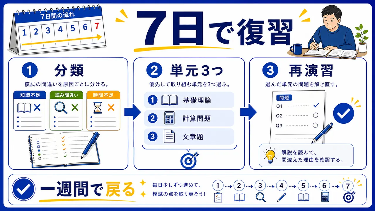 模試結果を一週間で見直すステップ図