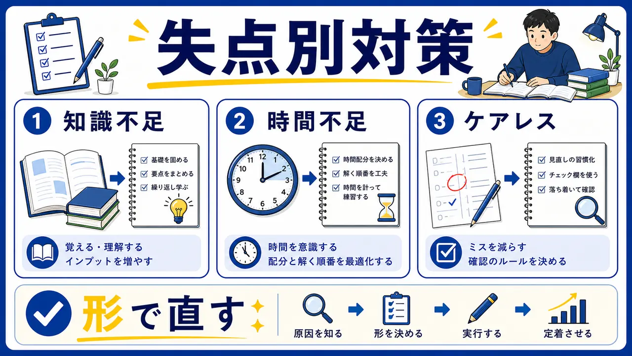 知識不足、時間不足、ケアレス、緊張のケース図