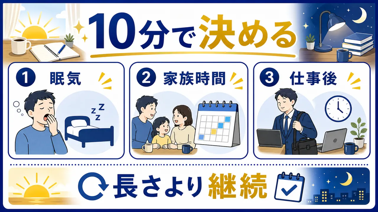 眠気、家族時間、仕事後の疲れを見て10分の勉強時間を選ぶ図