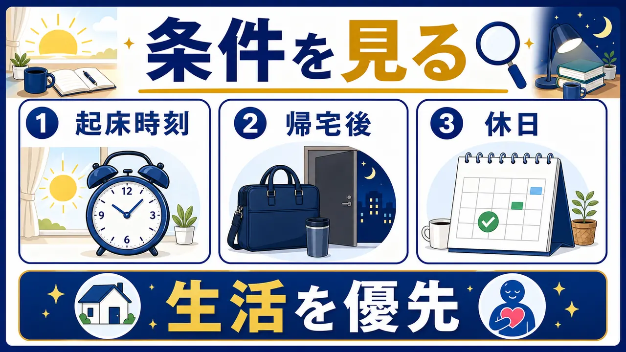 起床時刻、帰宅後、休日の条件を見る図