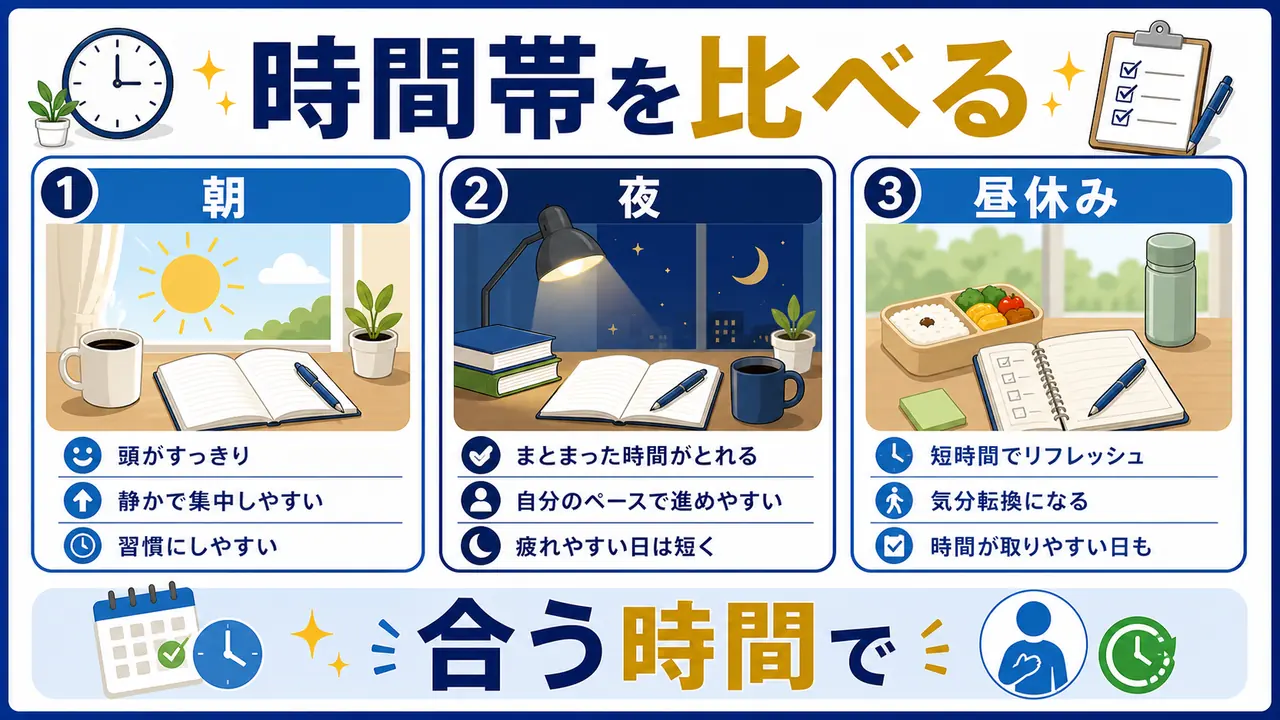 朝、夜、昼休みの学習時間帯を比較する図