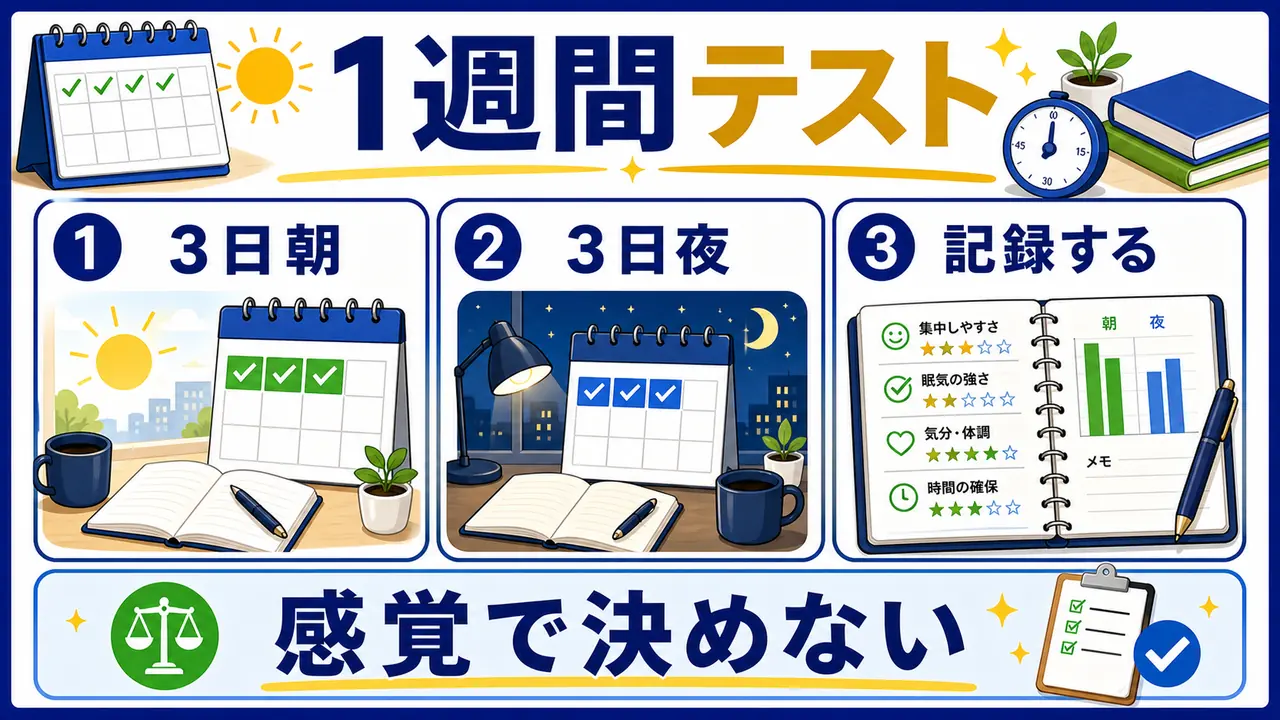 3日朝、3日夜、記録する1週間テストの図