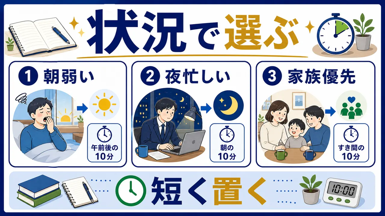 朝弱い、夜忙しい、家族優先の状況別に時間帯を選ぶ図