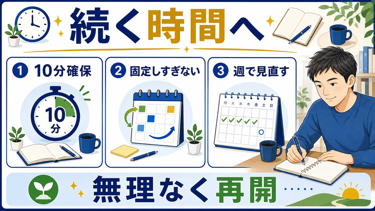10分確保、固定しすぎない、週で見直す流れの図