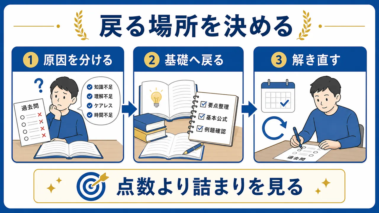 過去問が解けないときに原因を分け基礎へ戻り解き直す流れ