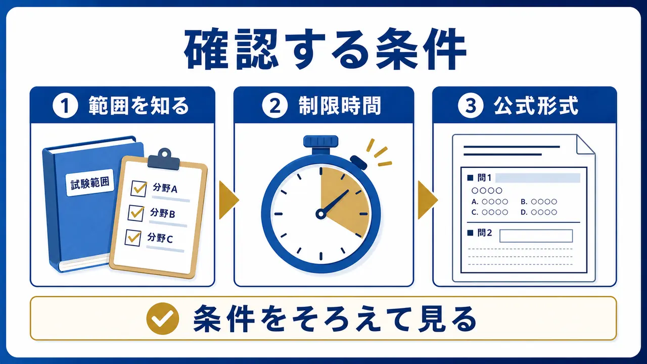 過去問演習前に範囲、制限時間、公式形式を確認する図