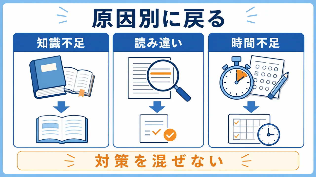 過去問の失点原因を知識不足、読み違い、時間不足に分ける図