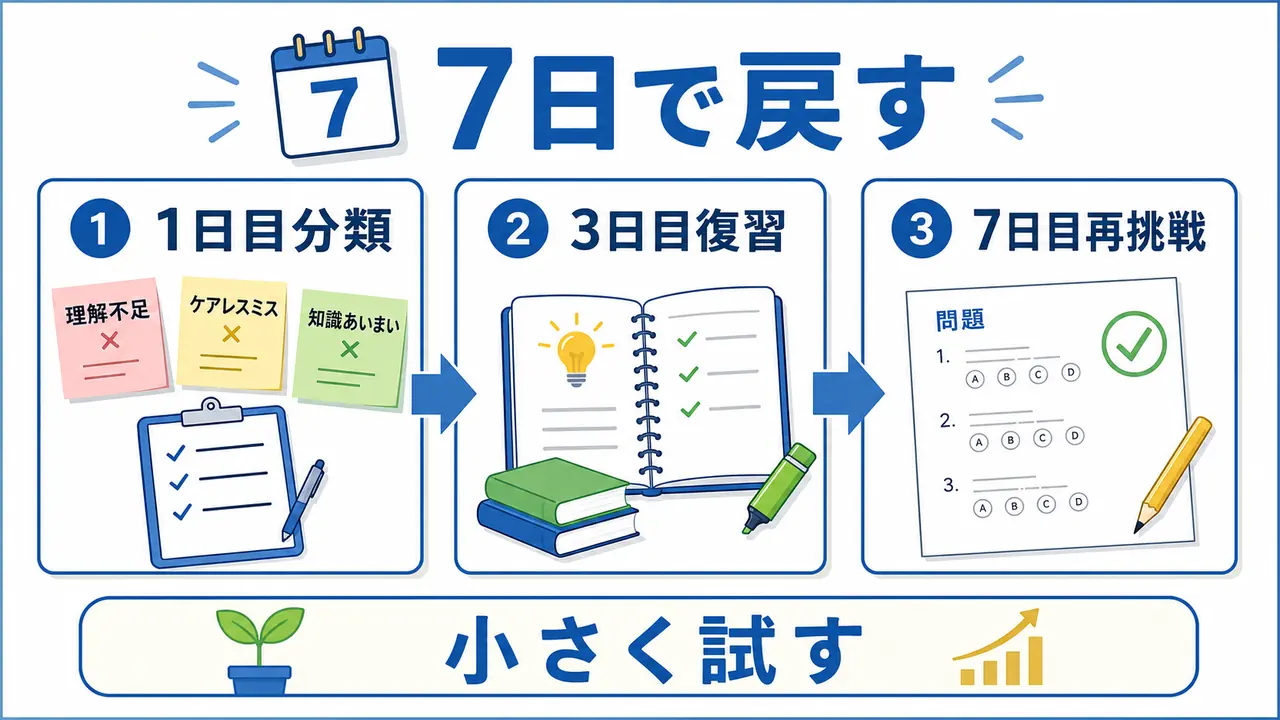 7日間で過去問の失点分類、復習、再挑戦を進める手順